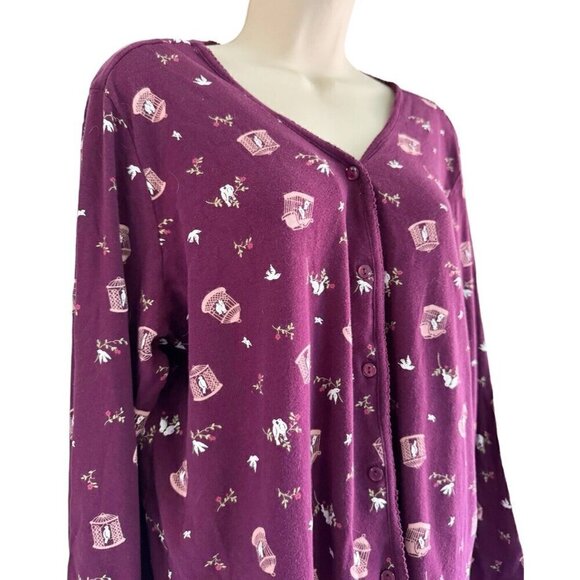 Charter Club Intimates Womens Sz XL Burgundy White Birds Button Down Pajama Top - Picture 2 of 8